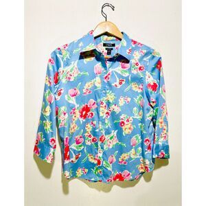 Chaps button up shirt no iron blue spring summer floral easter casual women Lp